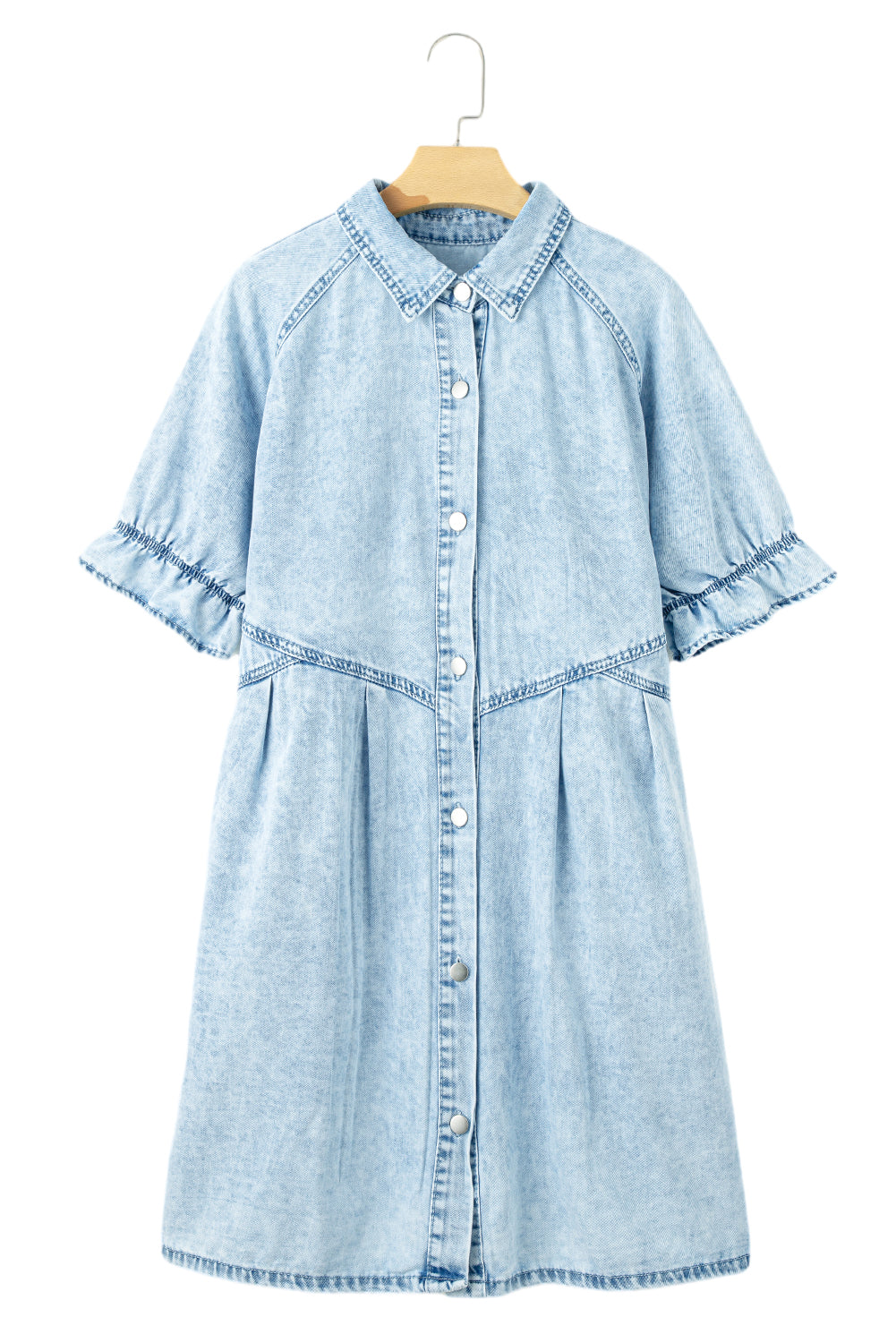 Beau Blue Mineral Wash Ruffled Short Sleeve Buttoned Denim Dress - Ballimart
