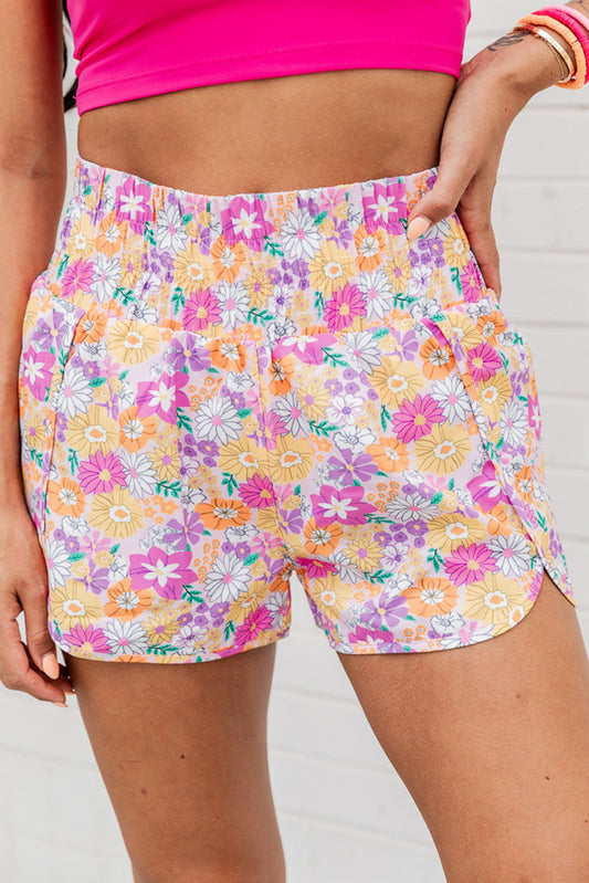 Pink Boho Floral Shirred High Waist Casual Shorts - Ballimart