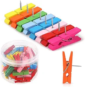50 PCS Colorful Push Pins with Wooden Clips | Durable Decorative Tacks for Cork Boards, Artworks, Photos, Notes, and Crafts | 8 Vibrant Colors for Home, Office, and School