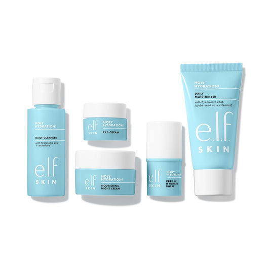 Title e.l.f. SKIN Holy Hydration! Jet Set Hydration Kit | TSA-Approved Skincare Set with Cleanser, Balm, Moisturizer, Eye Cream & Night Cream | Vegan & Cruelty-Free