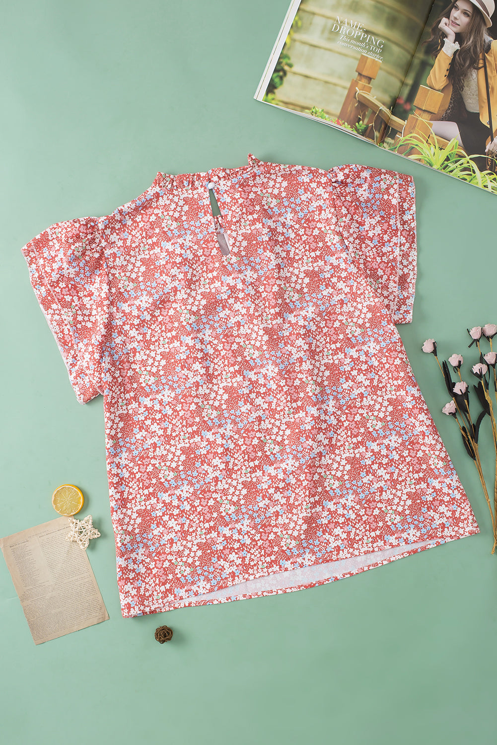 Pink Plus Size Floral Print Ruffled Sleeve Frilled Neck Blouse - Ballimart