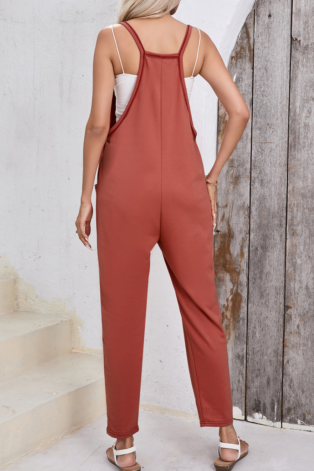 Gold Flame Side Pockets Harem Pants Sleeveless V Neck Jumpsuit - Ballimart