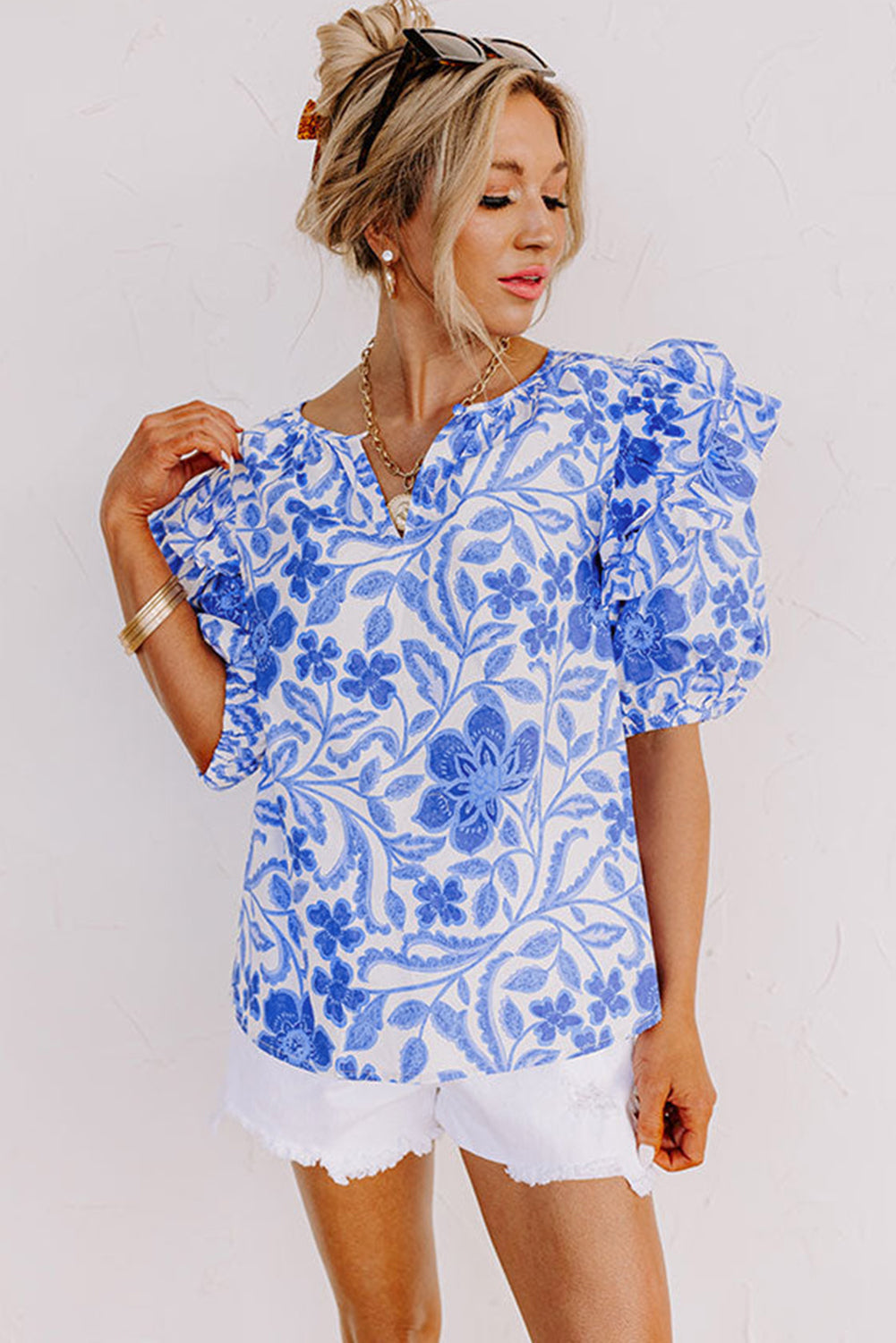 Dark Blue Floral Print Ruffled Bubble Sleeve Blouse - Ballimart