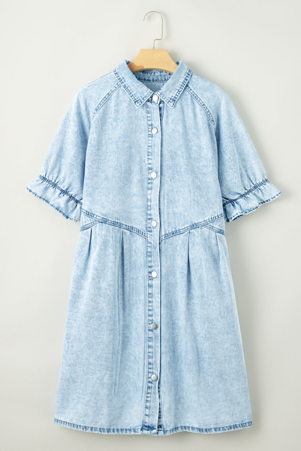 Beau Blue Mineral Wash Ruffled Short Sleeve Buttoned Denim Dress - Ballimart