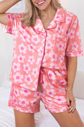 Pink Flower Print Short Sleeve Shirt Pajamas Set - Ballimart