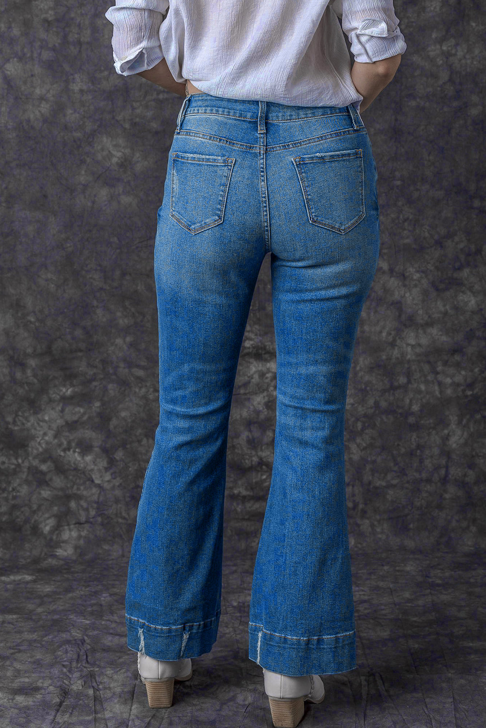 Sky Blue Slight Distressed Medium Wash Flare Jeans - Ballimart