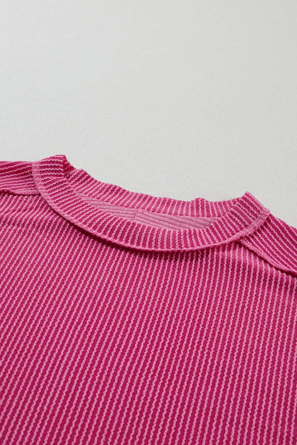 Rose Red Textured Knit Exposed Stitching T-shirt - Ballimart