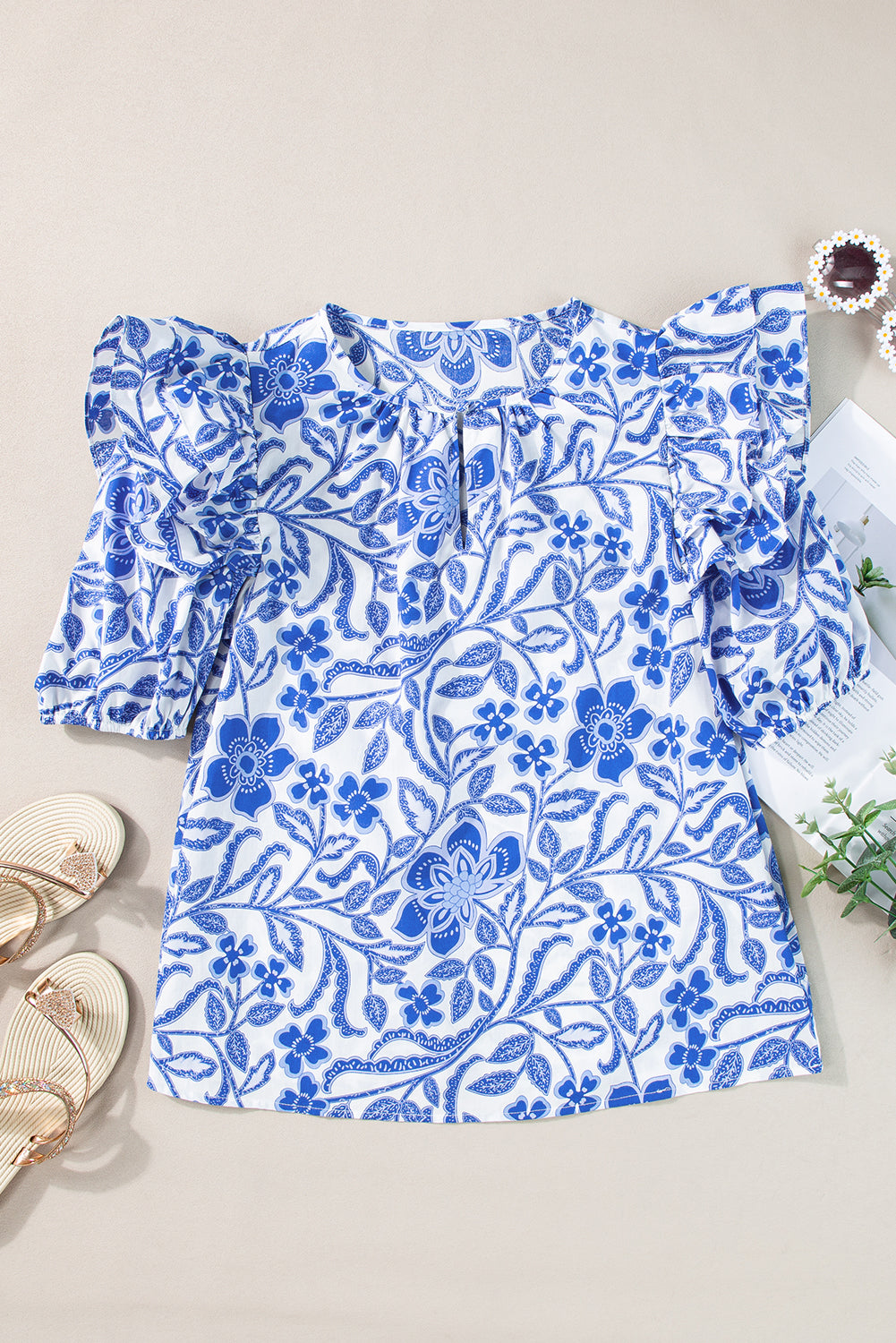 Dark Blue Floral Print Ruffled Bubble Sleeve Blouse - Ballimart