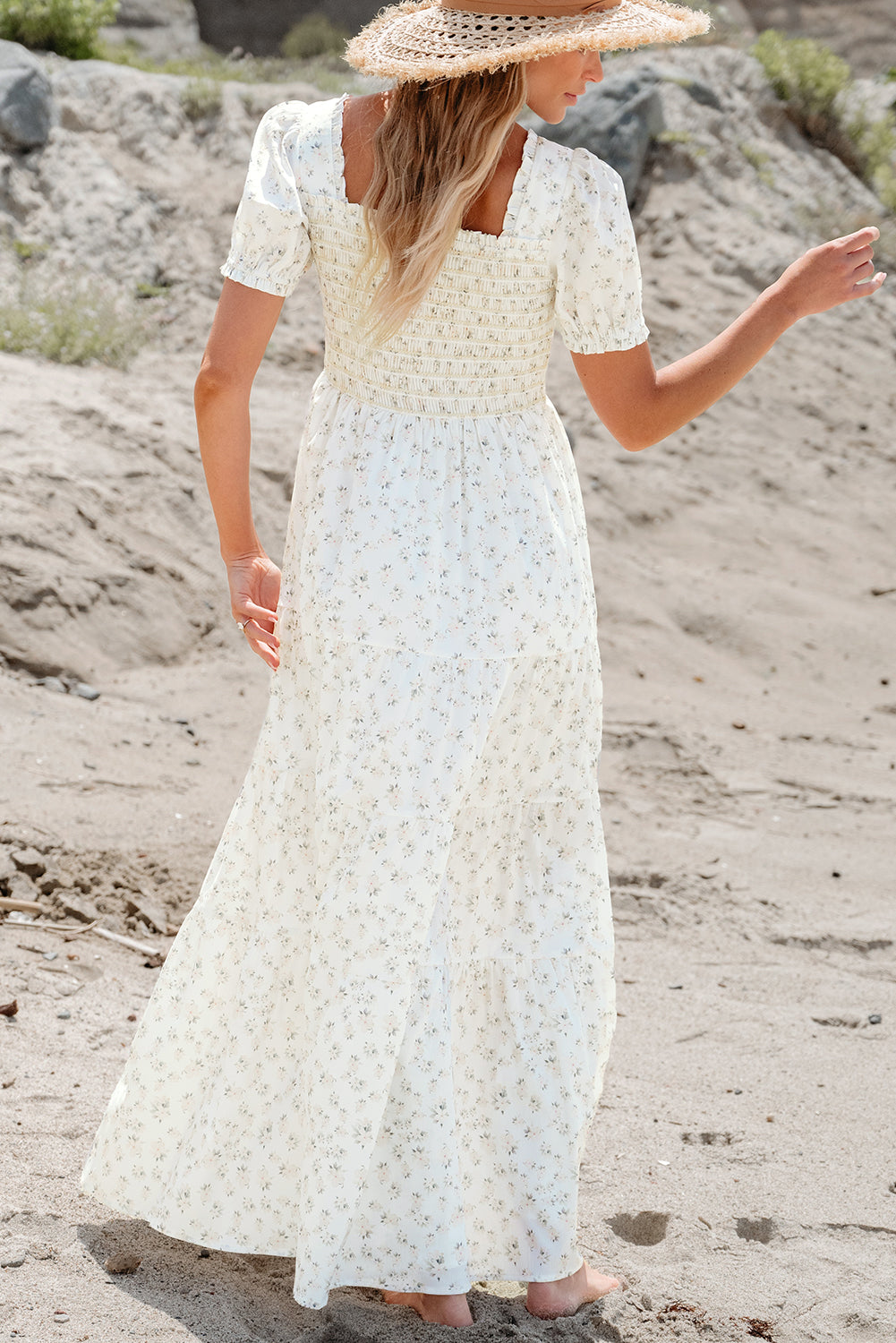 White Frilly Shirred Bodice Tiered Floral Maxi Dress - Ballimart