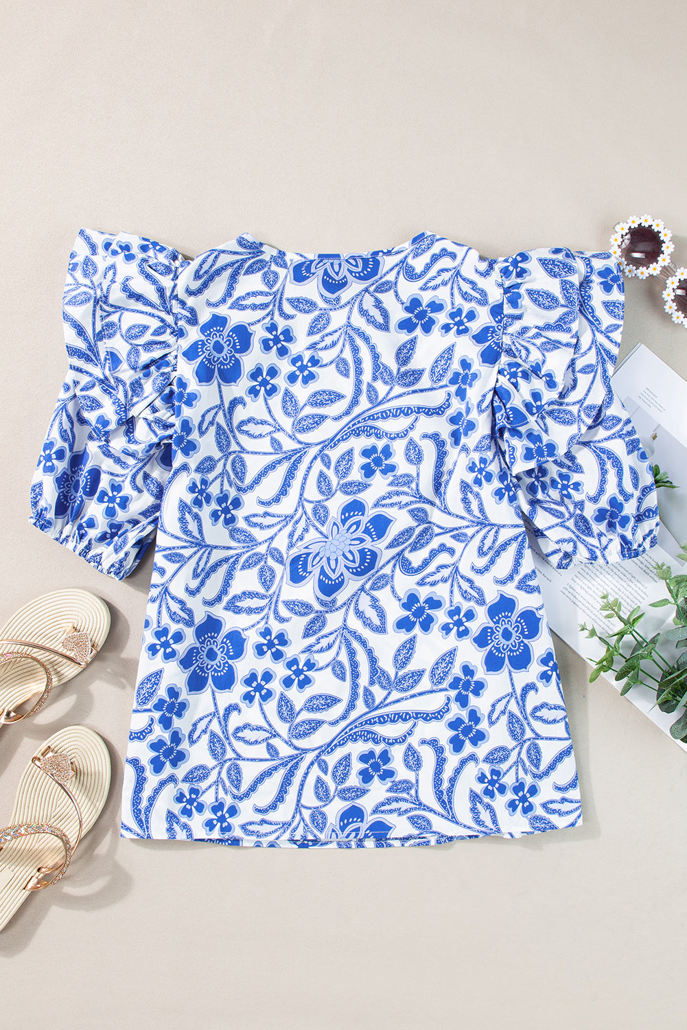 Dark Blue Floral Print Ruffled Bubble Sleeve Blouse - Ballimart