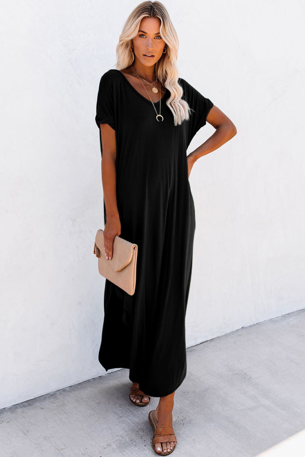 Black V Neck Hidden Pocket Splits Maxi T-shirt Dress - Ballimart