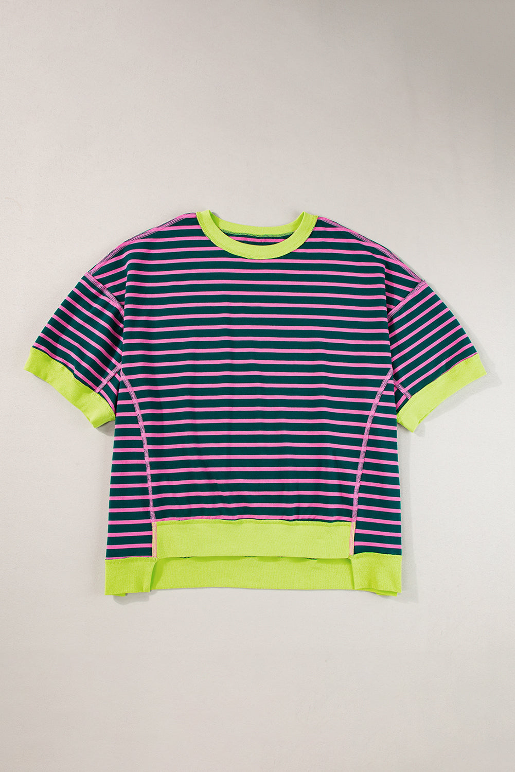 Green Stripe Oversized Contrast Trim Exposed Seam High Low T Shirt - Ballimart