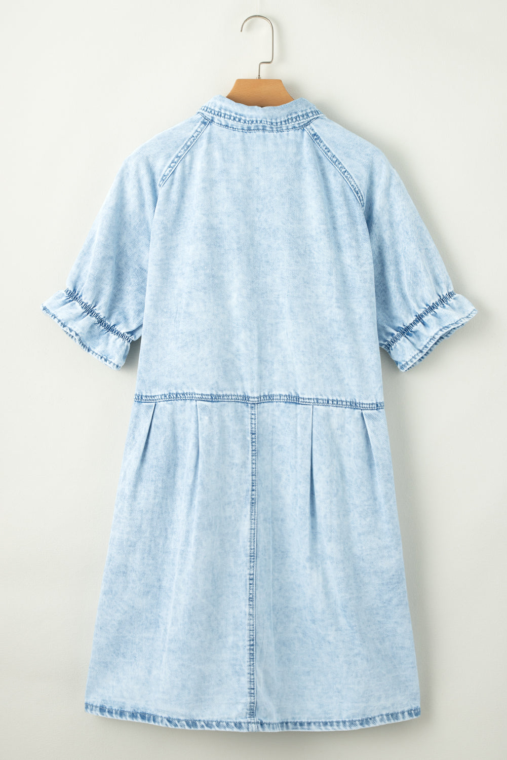 Beau Blue Mineral Wash Ruffled Short Sleeve Buttoned Denim Dress - Ballimart