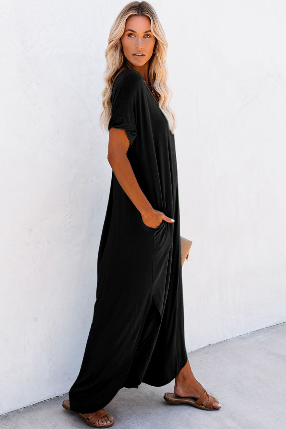 Black V Neck Hidden Pocket Splits Maxi T-shirt Dress - Ballimart