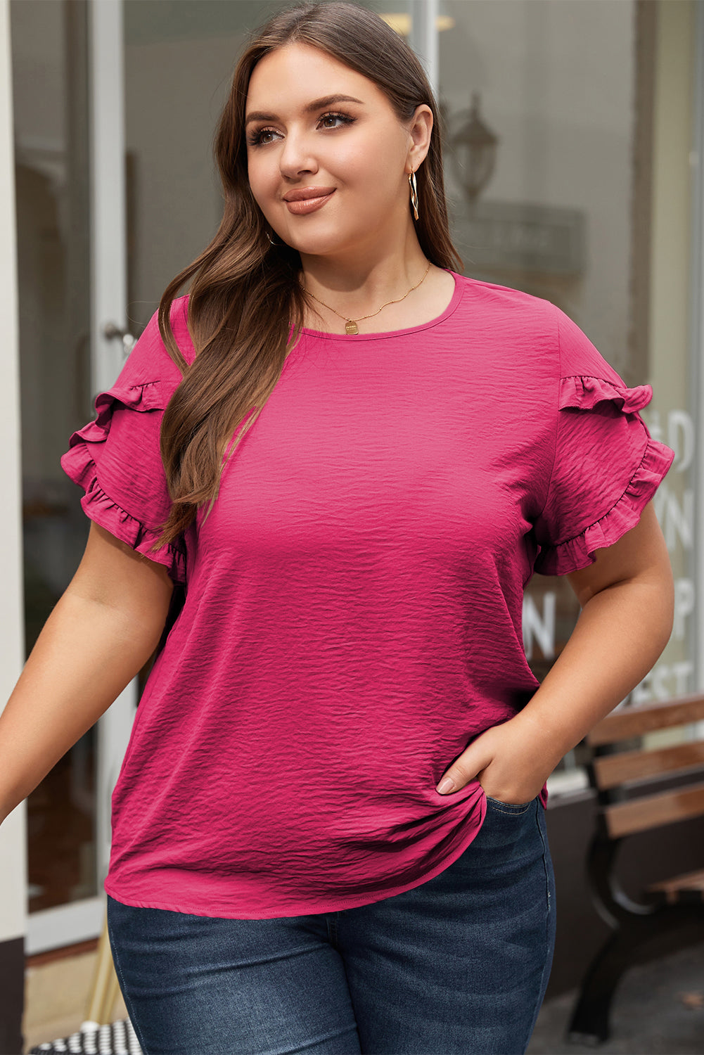 Bright Pink Ruffled Short Sleeve Plus Size Top - Ballimart