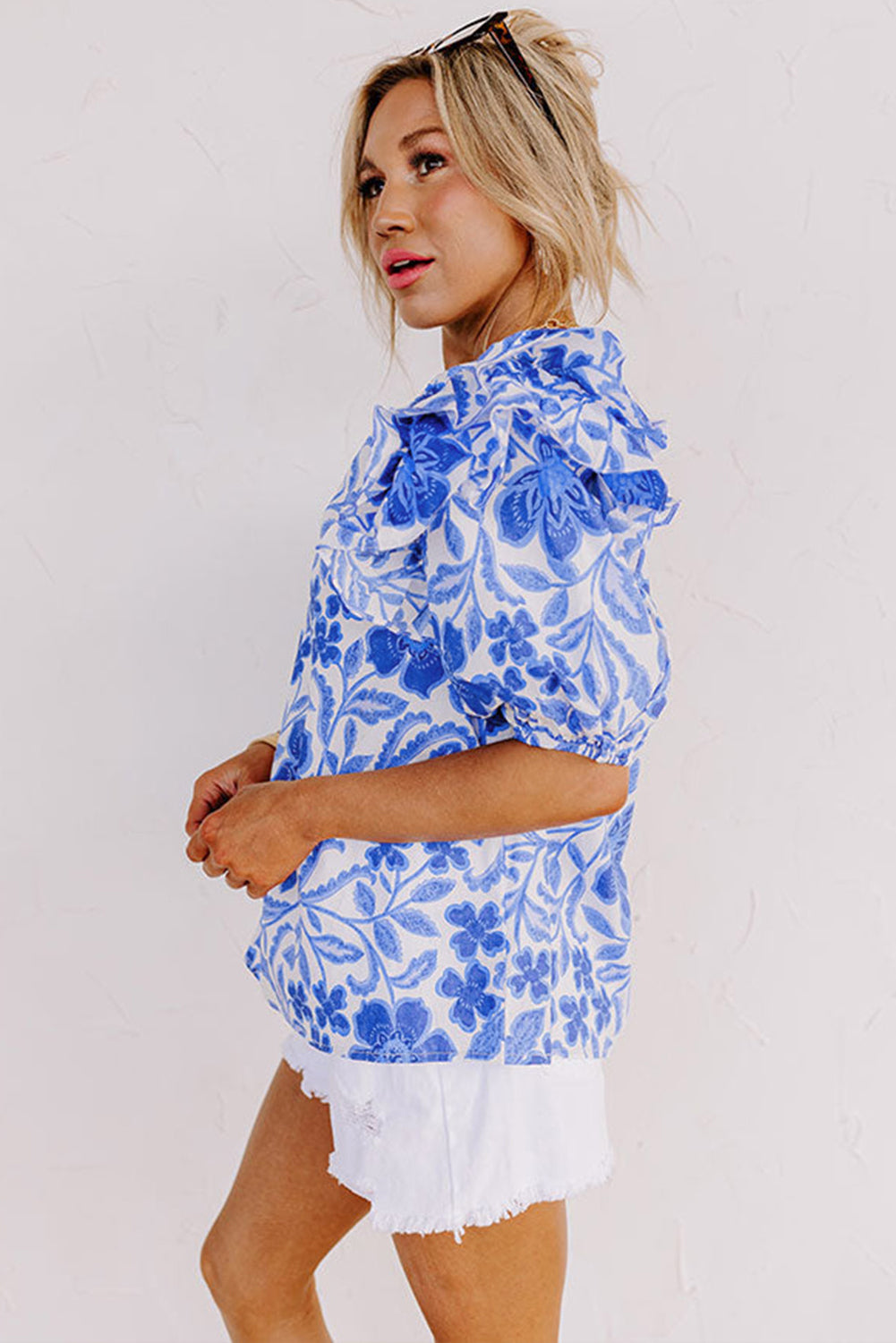 Dark Blue Floral Print Ruffled Bubble Sleeve Blouse - Ballimart