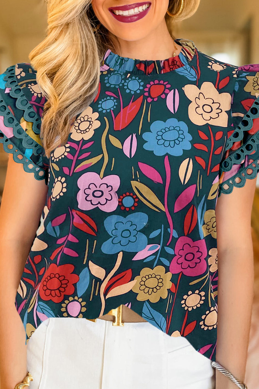 Green Trimmed Ruffle Sleeve Summer Floral Blouse - Ballimart