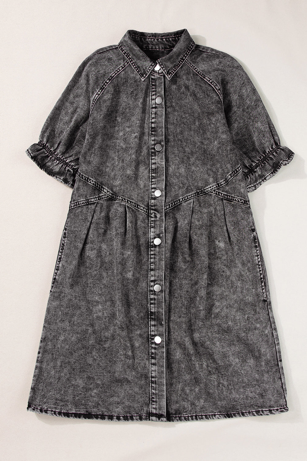 Medium Grey Mineral Wash Ruffled Short Sleeve Buttoned Denim Dress - Ballimart