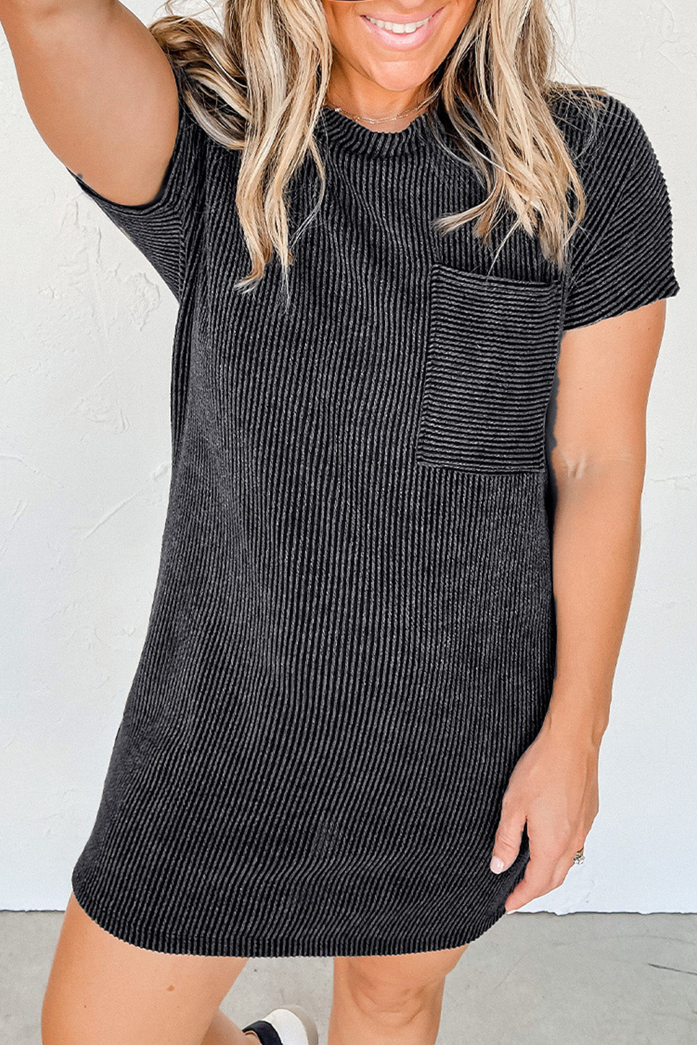 Gray Striped Ribbed Knit T-shirt Shift Dress - Ballimart