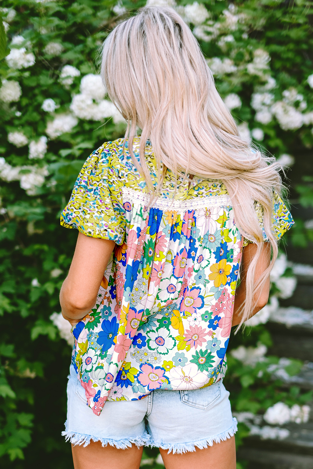 Green Bubble Sleeve Lace Trim Floral Mixed Print Blouse - Ballimart