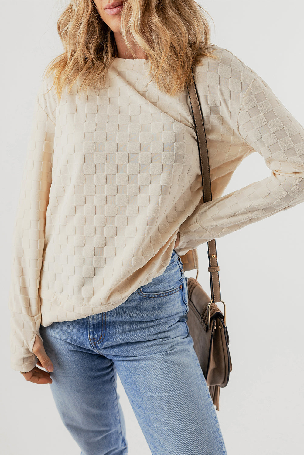 Beige Solid Textured Thumbhole Sleeve Top - Ballimart