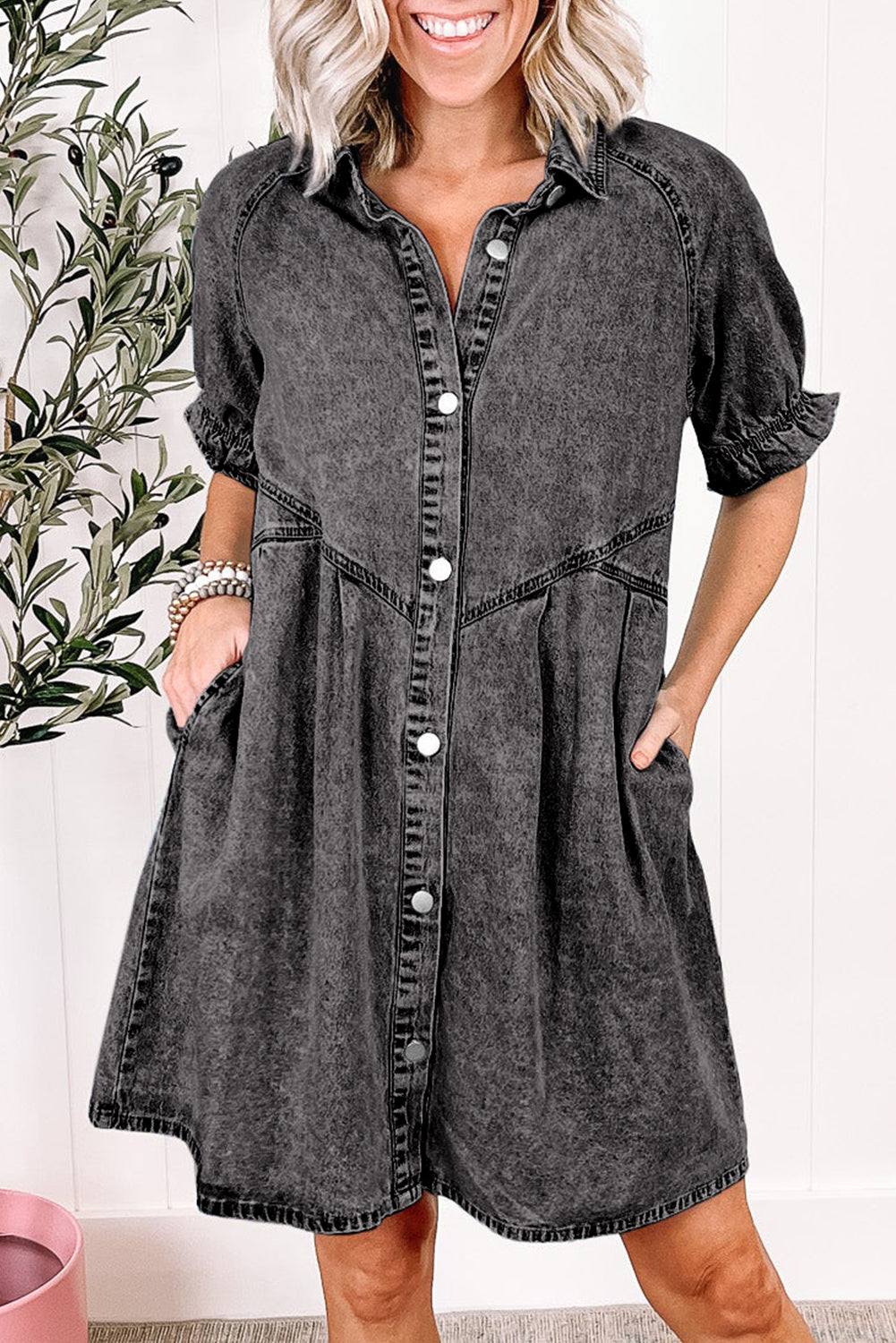 Medium Grey Mineral Wash Ruffled Short Sleeve Buttoned Denim Dress - Ballimart