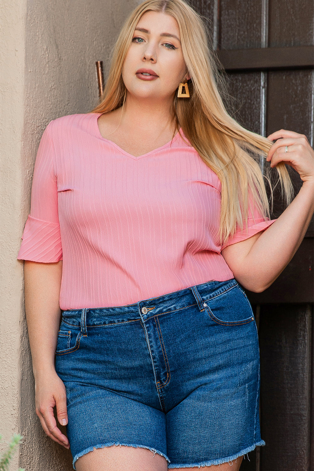 Peach Blossom Ruffled Half Sleeve V Neck Textured Plus Top - Ballimart