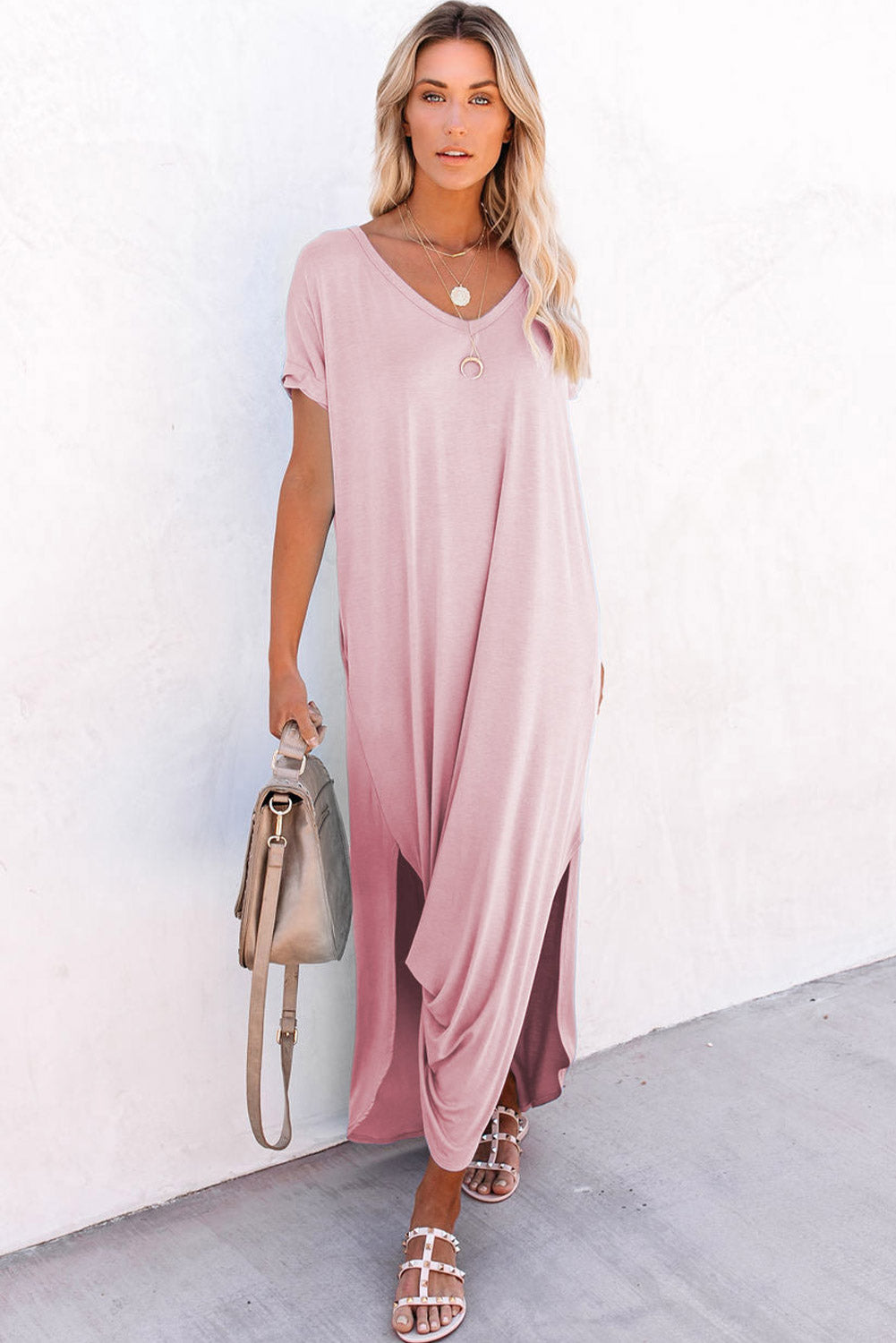 Pink V Neck Hidden Pocket Splits Maxi T-shirt Dress - Ballimart