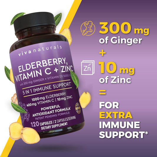Viva Naturals Elderberry Capsules – 5-in-1 Immune Support with Vitamin C, Zinc & D3 – 1000mg Sambucus Black Elderberry – 120 Capsules