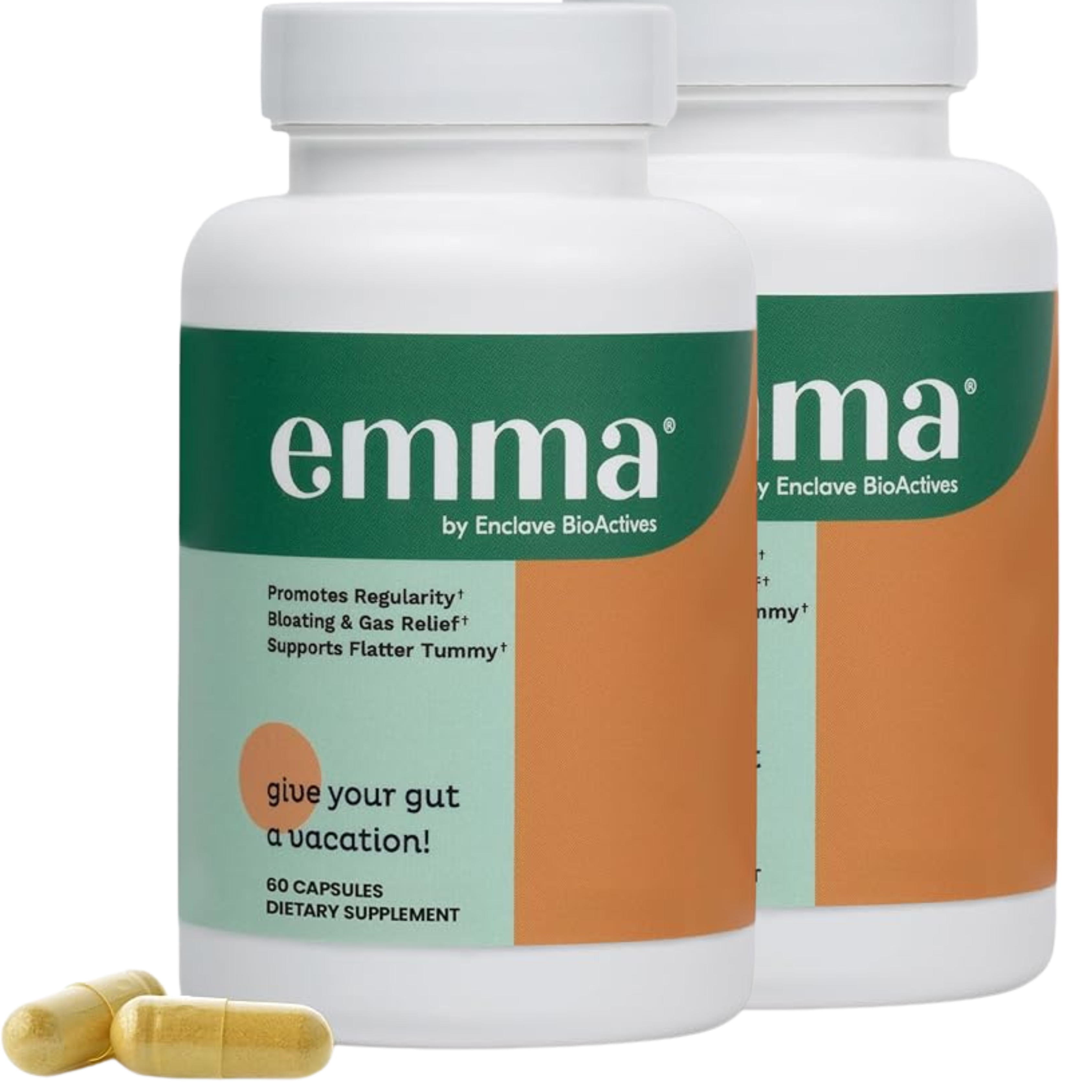 Two bottles of 'emma' dietary supplements with capsules on a white background