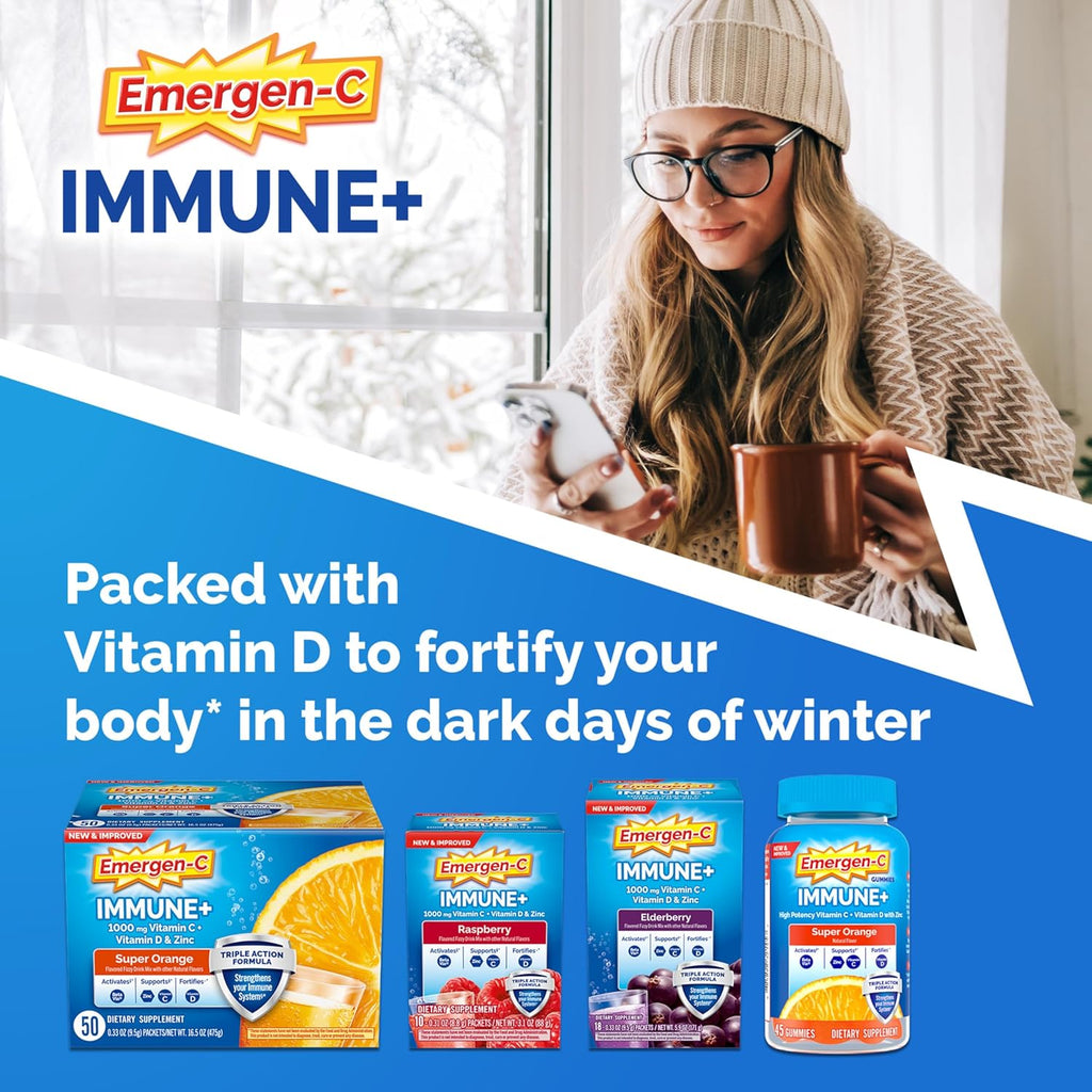 Emergen-C Immune+ Triple Action Powder – 1000mg Vitamin C, B Vitamins, BetaVia® & Antioxidants – Raspberry Flavor – 30 Packets