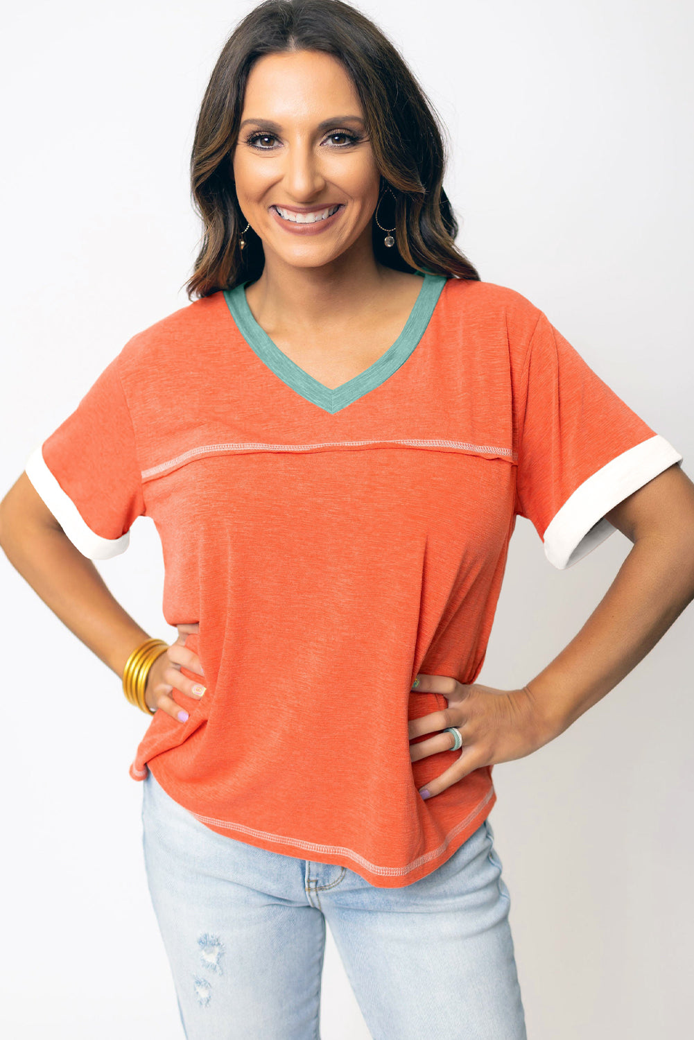 Grapefruit Orange Contrast Trim Exposed Seam V Neck T-shirt - Ballimart