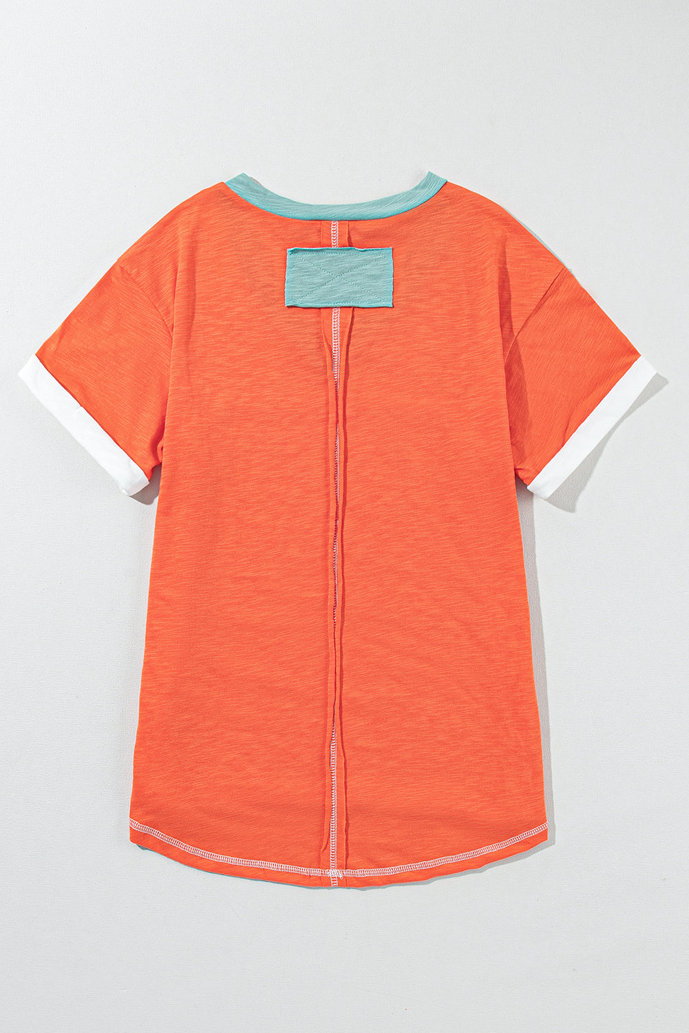 Grapefruit Orange Contrast Trim Exposed Seam V Neck T-shirt - Ballimart