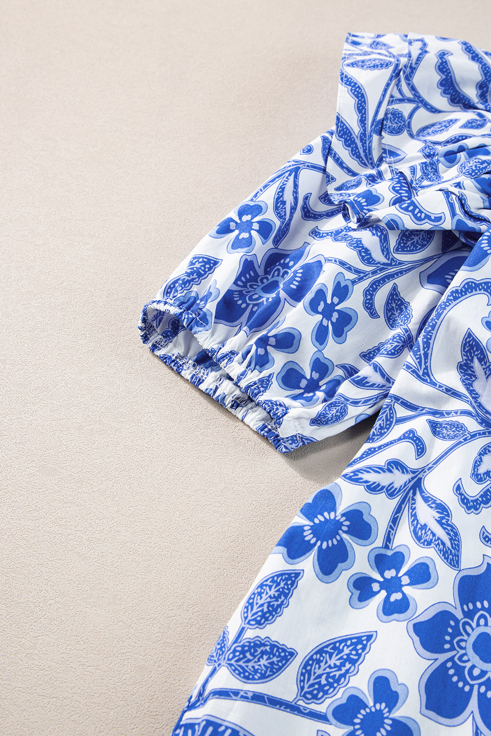 Dark Blue Floral Print Ruffled Bubble Sleeve Blouse - Ballimart