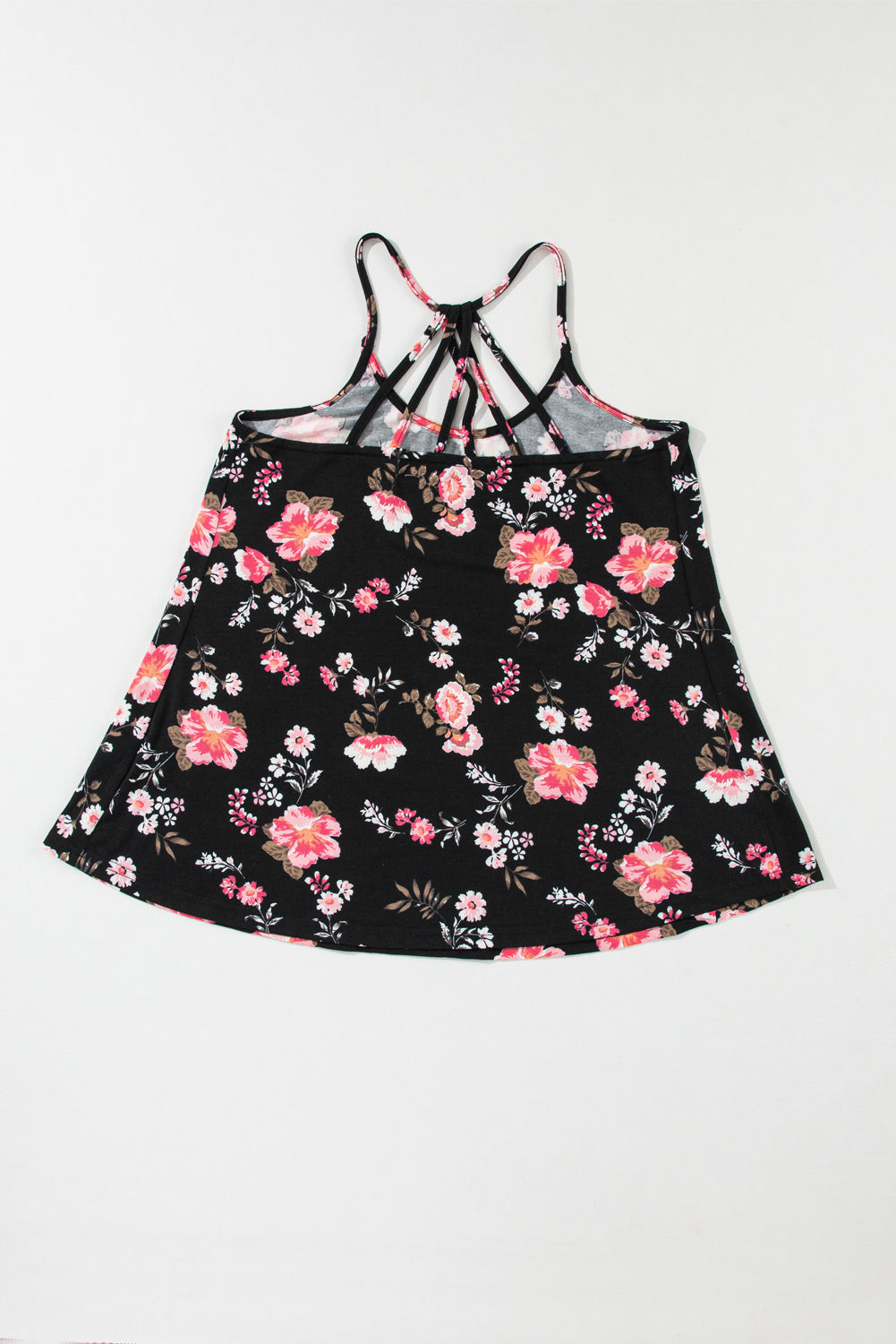 Black Floral Spaghetti Straps Strappy Back Tank Top - Ballimart