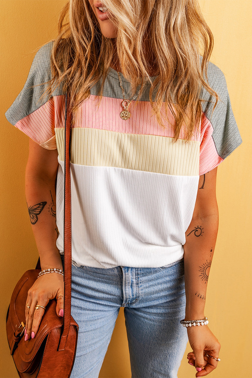 White Ribbed Color Block Patchwork T-shirt - Ballimart
