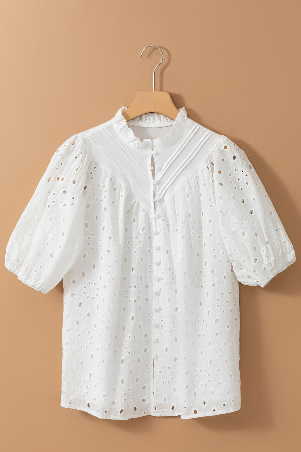 White Flower Embroidered Hollow-out Puff Sleeve Blouse - Ballimart