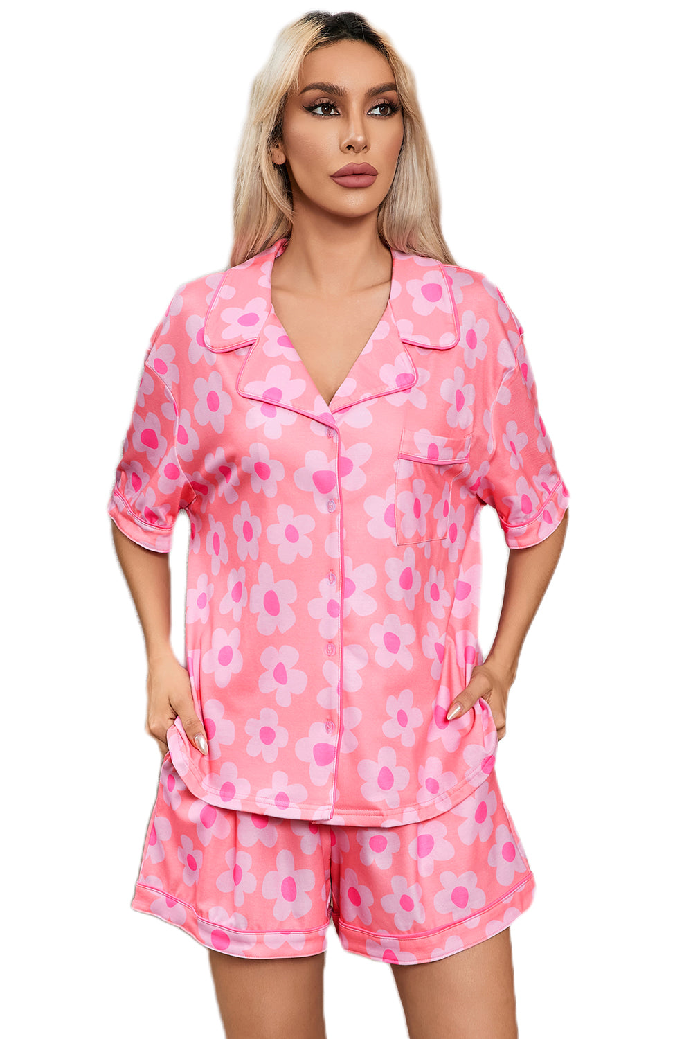 Pink Flower Print Short Sleeve Shirt Pajamas Set - Ballimart