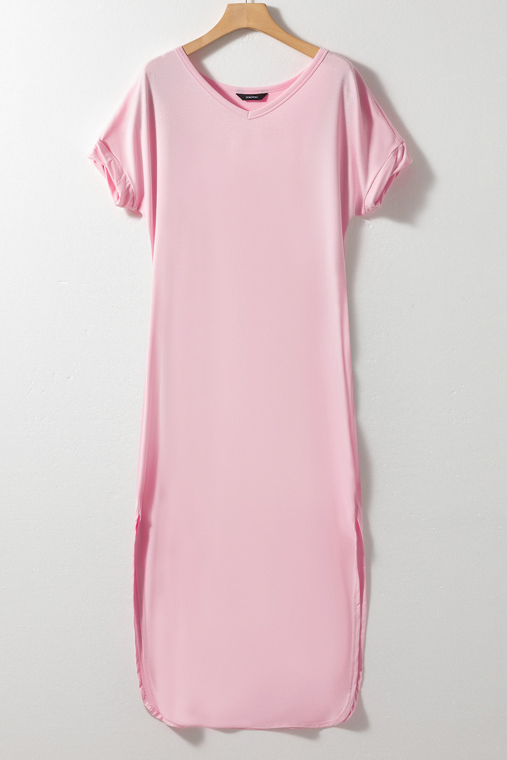 Pink V Neck Hidden Pocket Splits Maxi T-shirt Dress - Ballimart