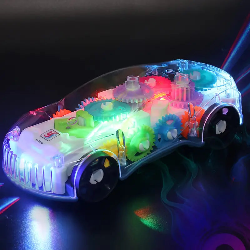 Coche de juguete con engranaje transparente, luz de color, música eléctrica, concepto Universal