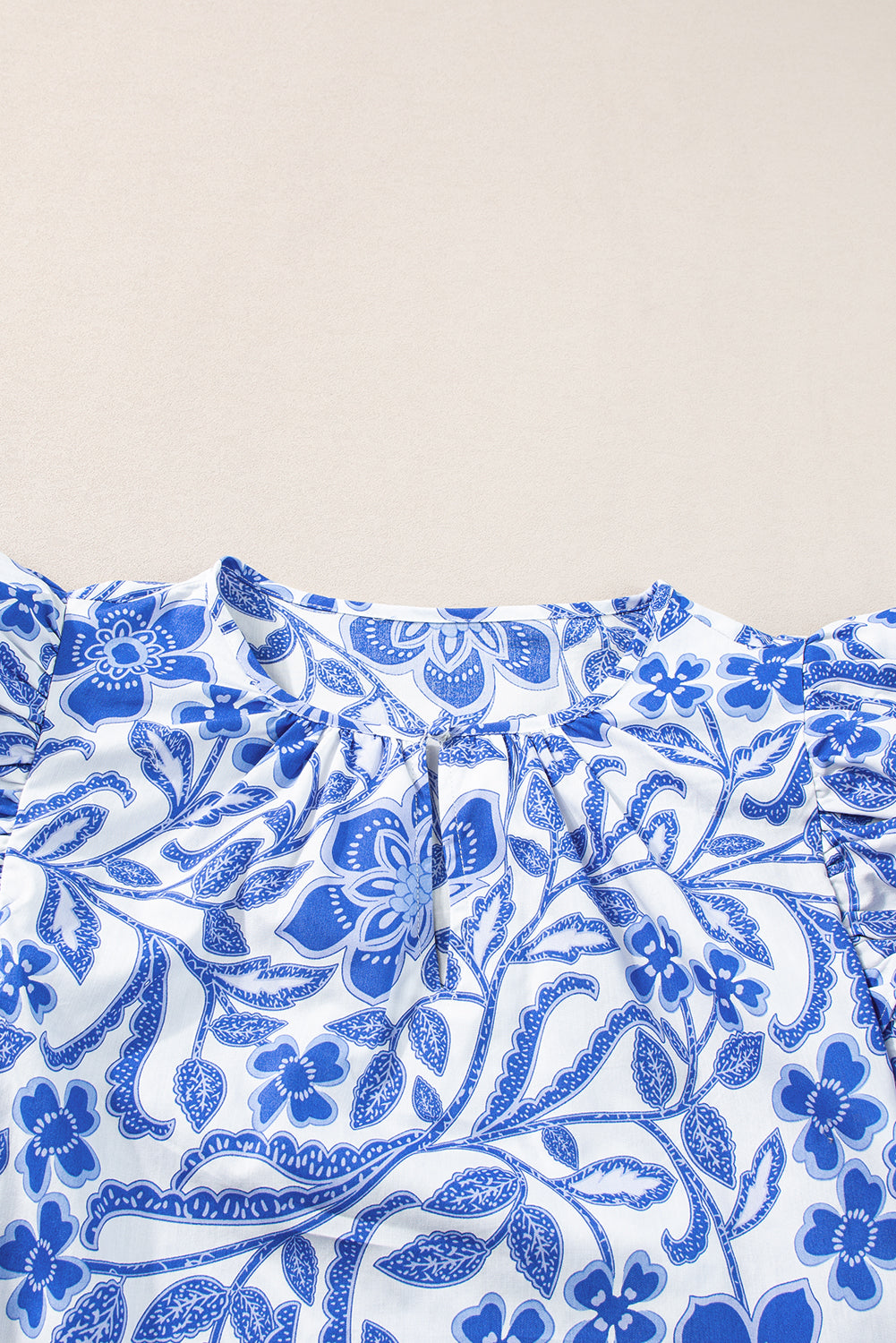 Dark Blue Floral Print Ruffled Bubble Sleeve Blouse - Ballimart
