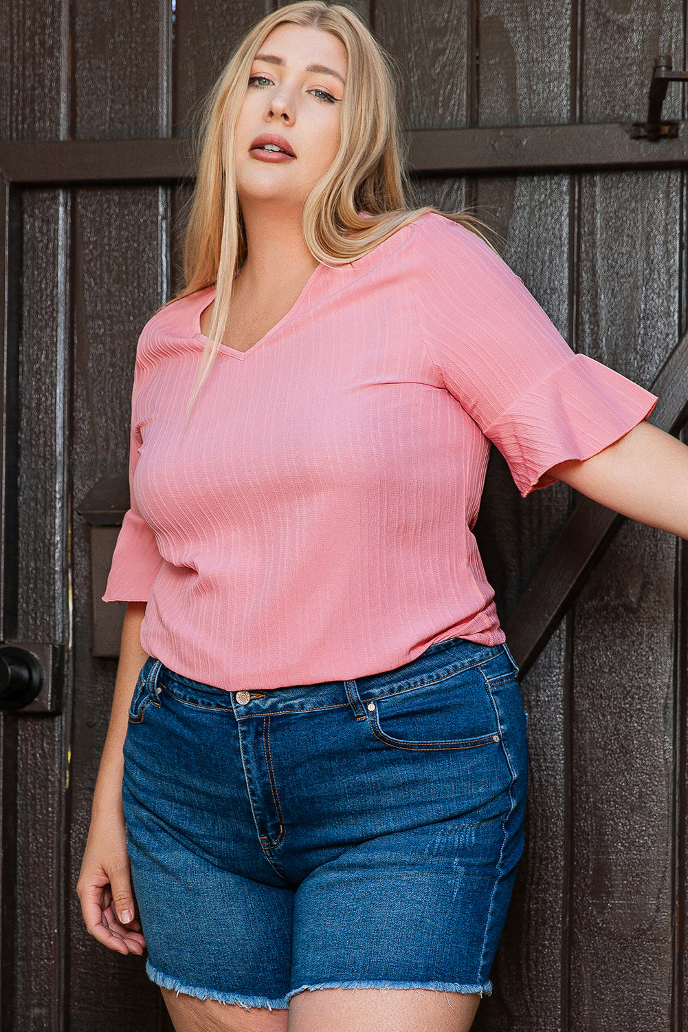 Peach Blossom Ruffled Half Sleeve V Neck Textured Plus Top - Ballimart