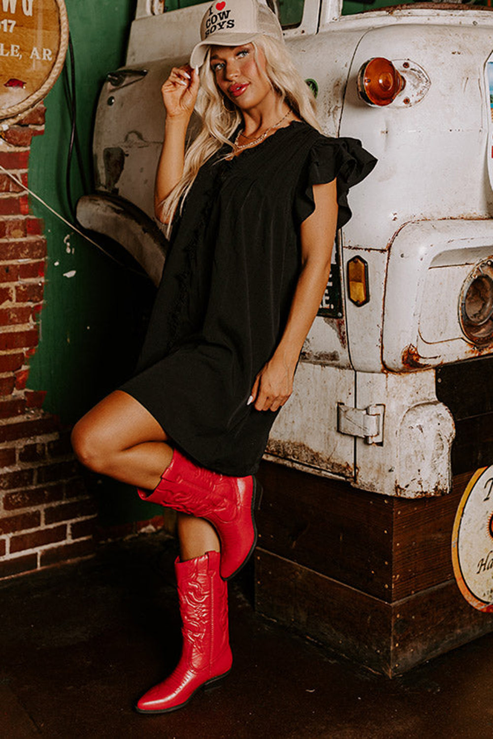 Black Ruffle Sleeve V Neck Frilled Shift Dress - Ballimart