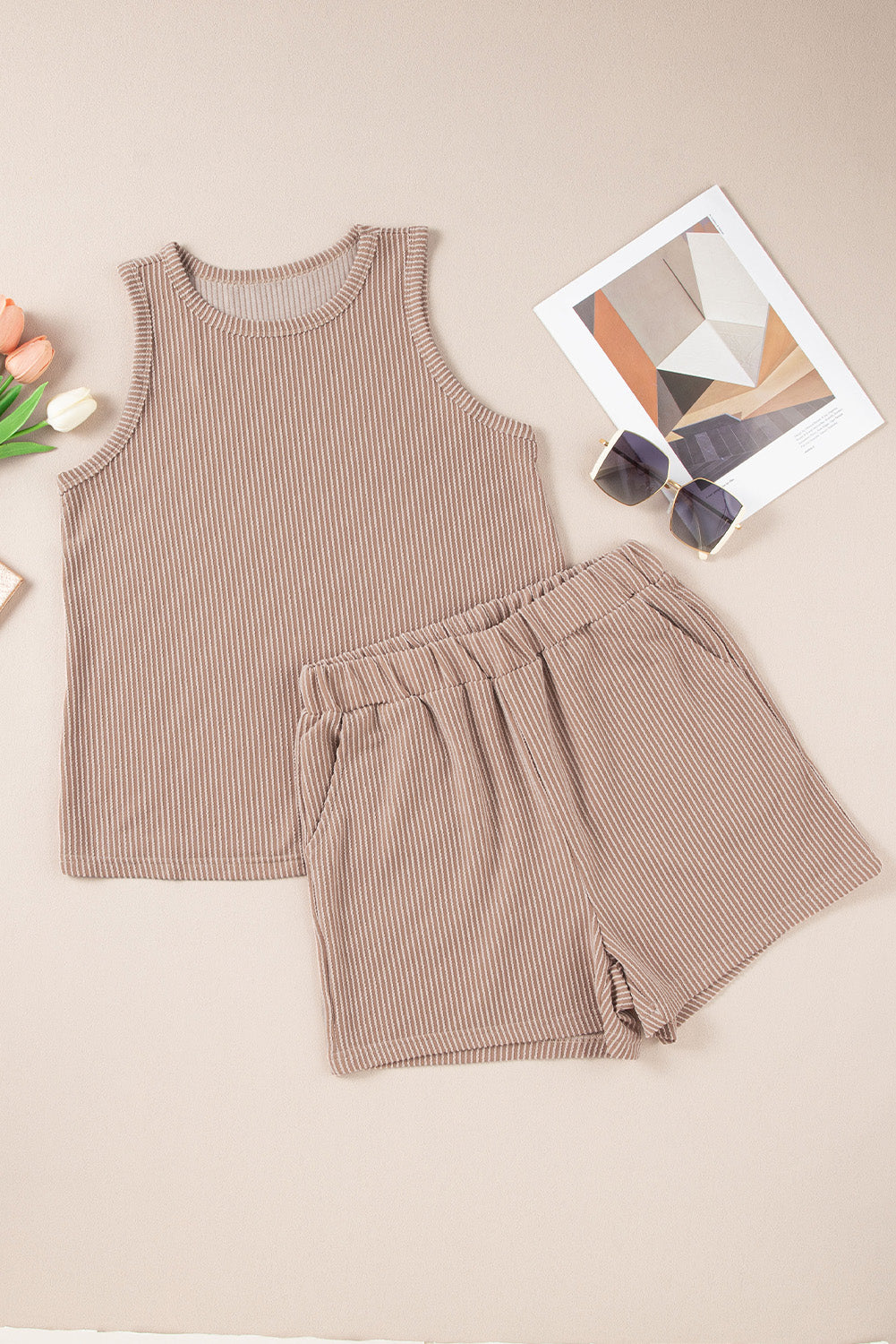 Smoke Gray Corded Sleeveless Top and Pocketed Shorts Set - Ballimart