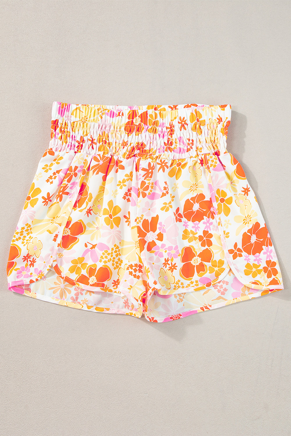 Orange Boho Floral Shirred High Waist Casual Shorts - Ballimart