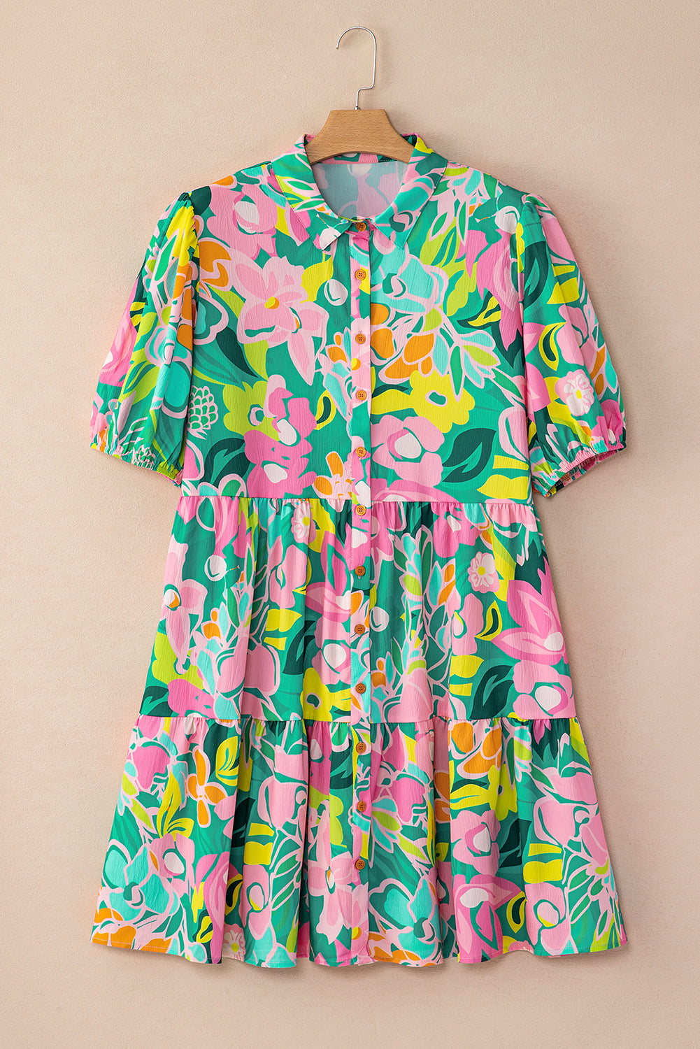 Green Floral Puff Sleeve Collar Buttoned Babydoll Dress - Ballimart