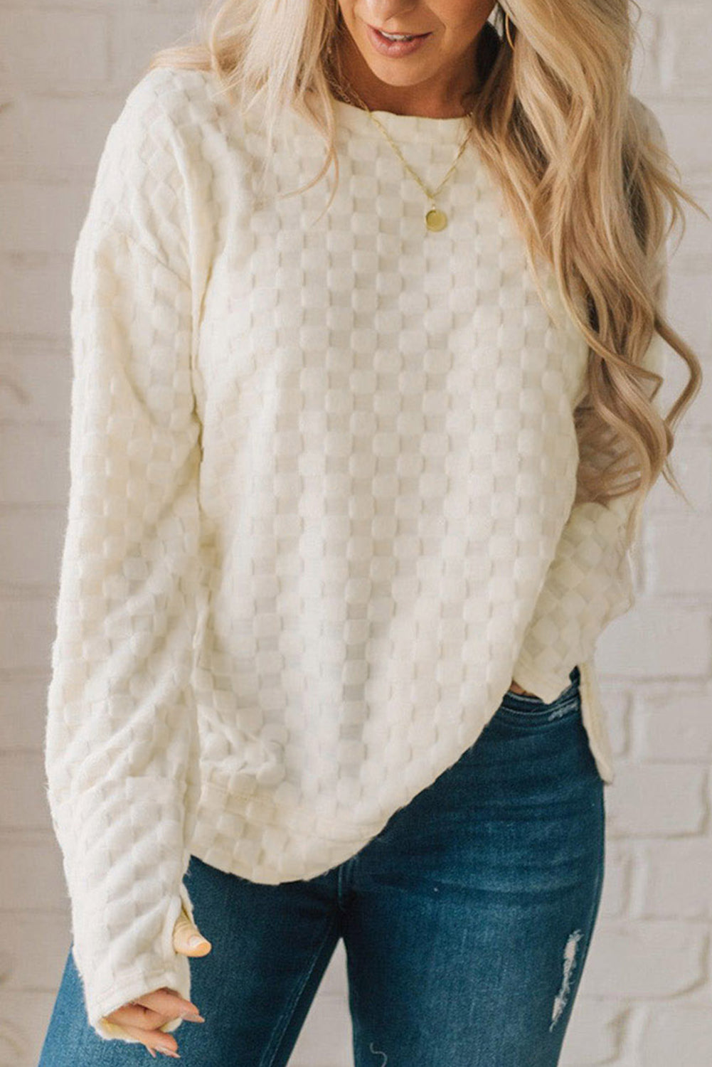 Beige Solid Textured Thumbhole Sleeve Top - Ballimart