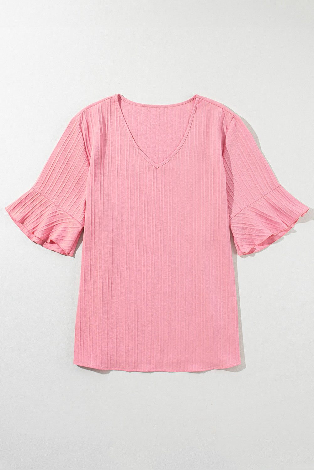 Peach Blossom Ruffled Half Sleeve V Neck Textured Plus Top - Ballimart