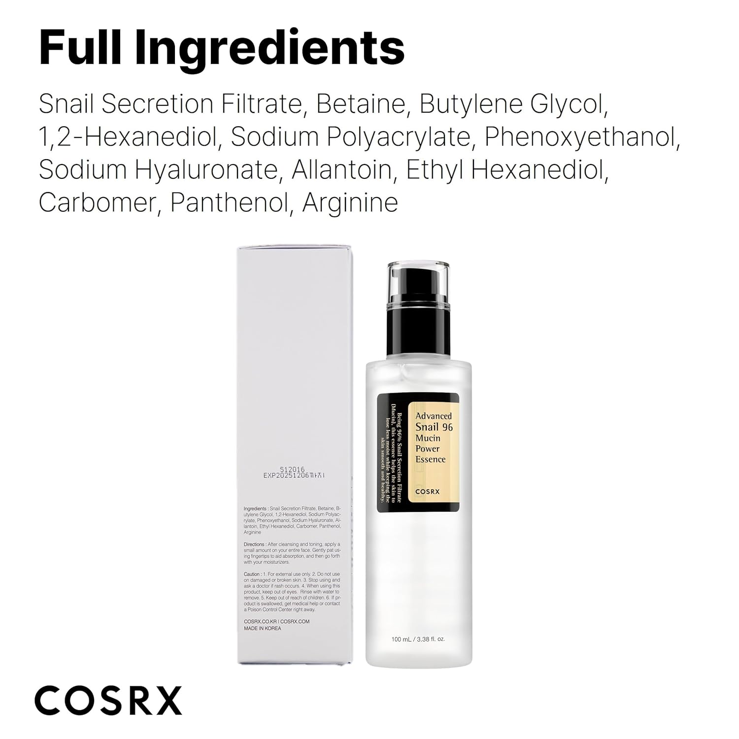 COSRX Snail Mucin 96% Power Repairing Essence – Hydrating Face Serum with Snail Secretion Filtrate, Korean Skincare for Dull Skin & Fine Lines, 3.38 fl.oz (100ml)