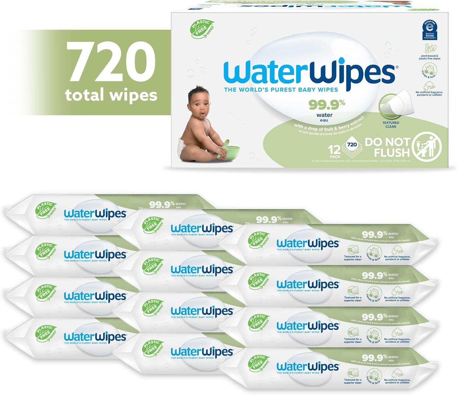 WaterWipes Plastic-Free Textured Clean Baby & Toddler Wipes - 99.9% Water-Based, Unscented, Hypoallergenic, Sensitive Skin Safe | 60 Count (12 Packs)